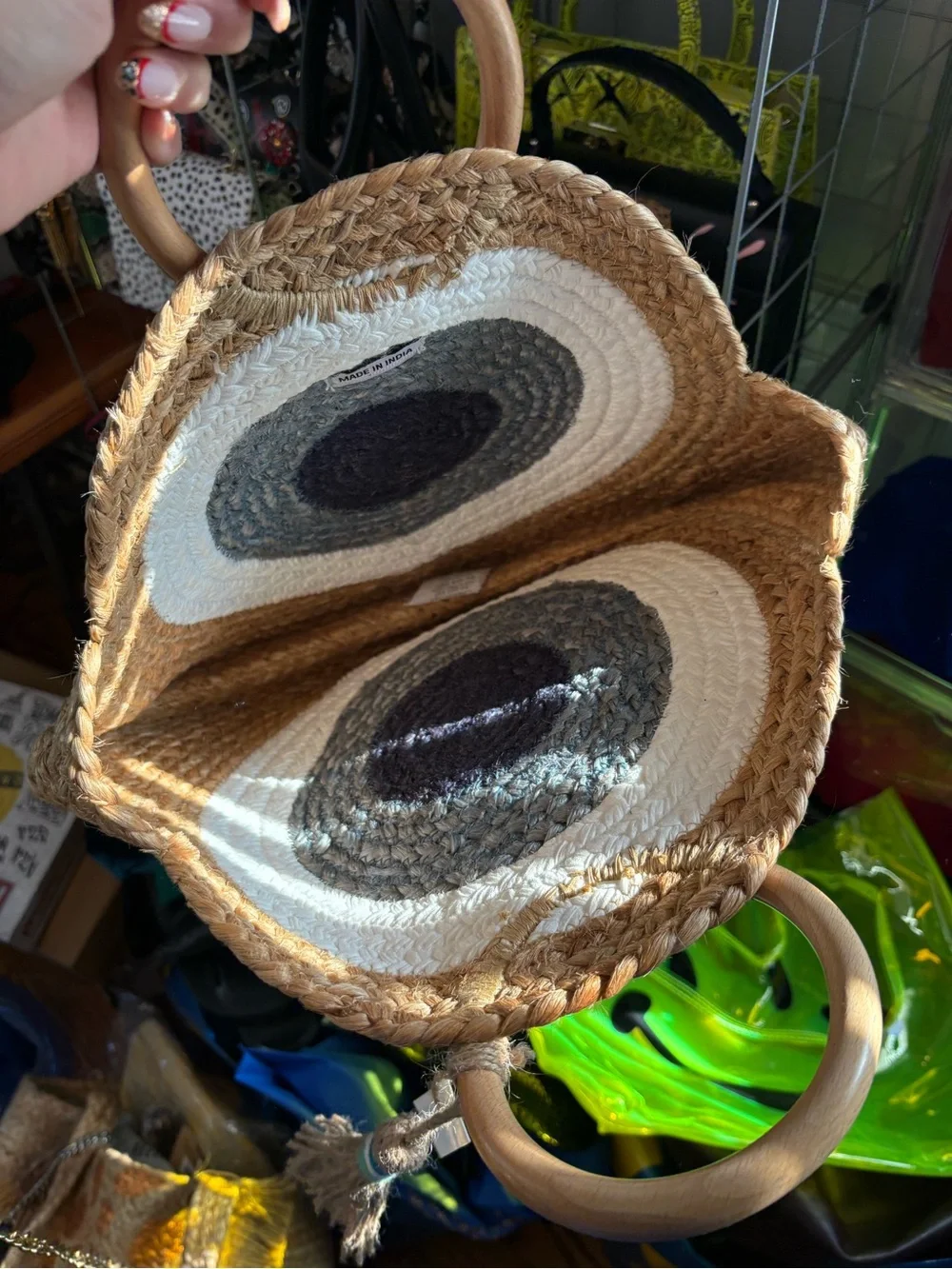 Evil eye 🧿 Round Straw Tote Bag with Wooden Handles - Natural/White/Gray